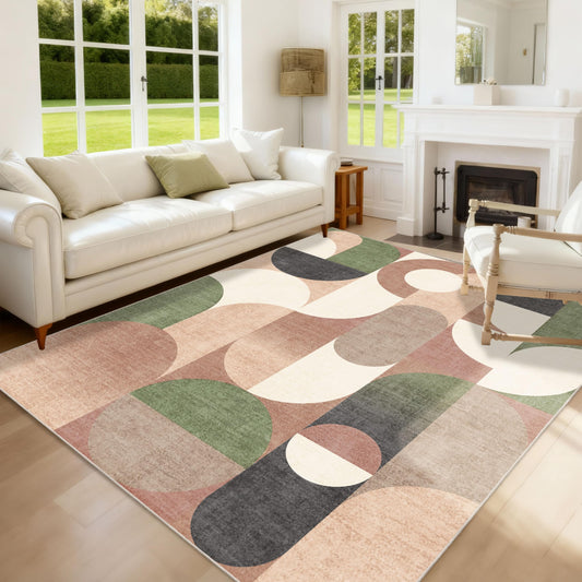 Castage 5x7 Area Rugs Modern Washable Rug for Living Room Bedroom,Large Retro Orange Geometric Non Slip Carpet for Dining Room Farmhouse Office