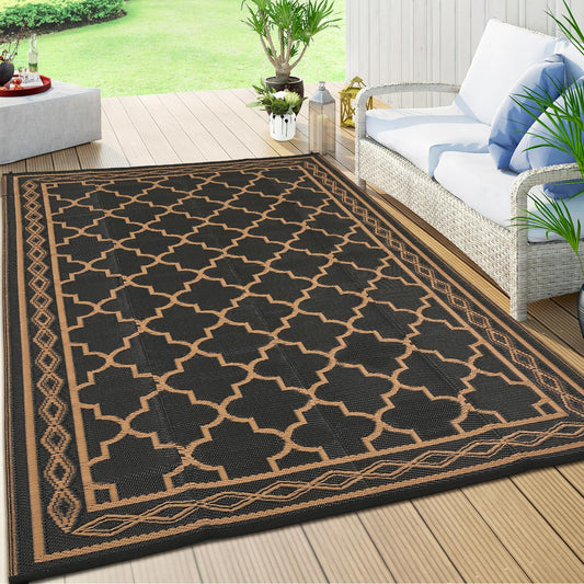 GlowSol Outdoor Rug Waterproof 8x10 ft Reversible Outdoor Plastic Straw Patio Rugs,Foldable Camping Rug with Carry Bag, RV Mat Outside Rugs for Patio,Picnic,Balcony,Deck,Backyard,Pool, Black/Brown