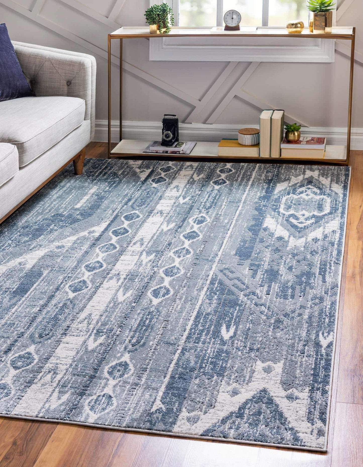 Unique Loom Portland Collection Southwestern Inspired Striped Tone-on-Tone Area Rug (10' 0 x 14' 0 Rectangular, Blue/ Gray)