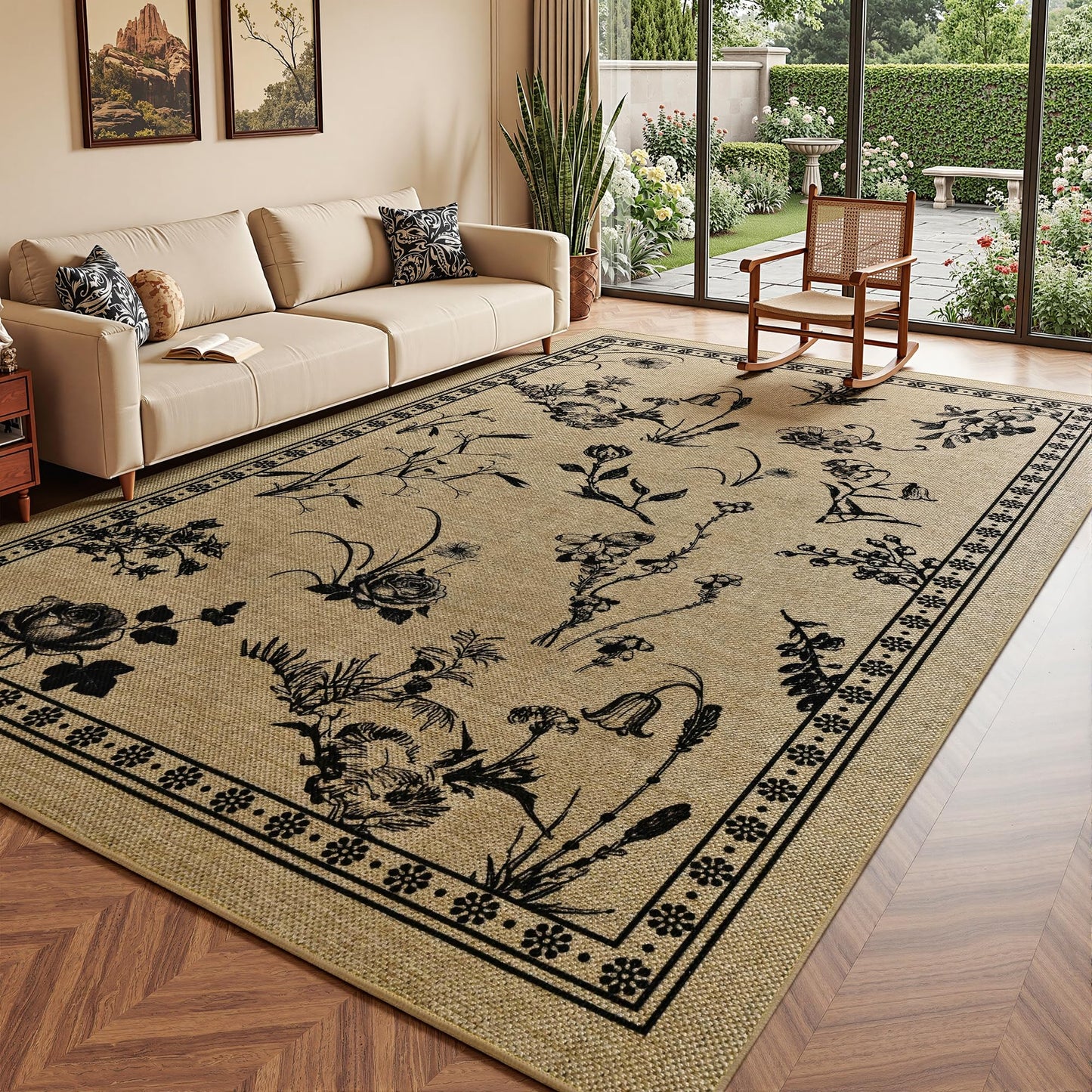 FALARK Easy Jute 4x6 Outdoor Patio Rug, Washable Rugs for Entryway Indoor Living Room Carpet, Farmhouse Neutral Non Slip Thin Beige Botanical Sketch Door Carpet for Backyard Bedroom Kitchen