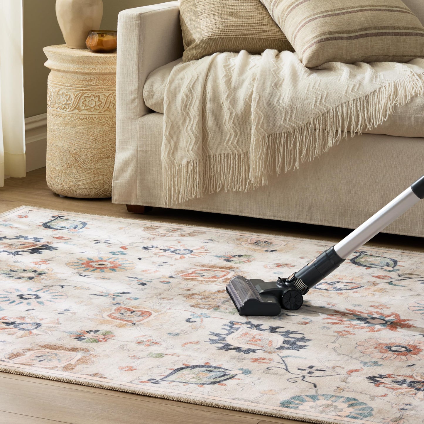 EVERWASH Haven Damask Floral Machine Washable Area Rug with Airflo Technology for Easy Clean, Ultra-Soft Non-Slip Rug with Built-in Pad, Pet, Family & Allergy Friendly Rug, Beige Multi, 2'6"x7'