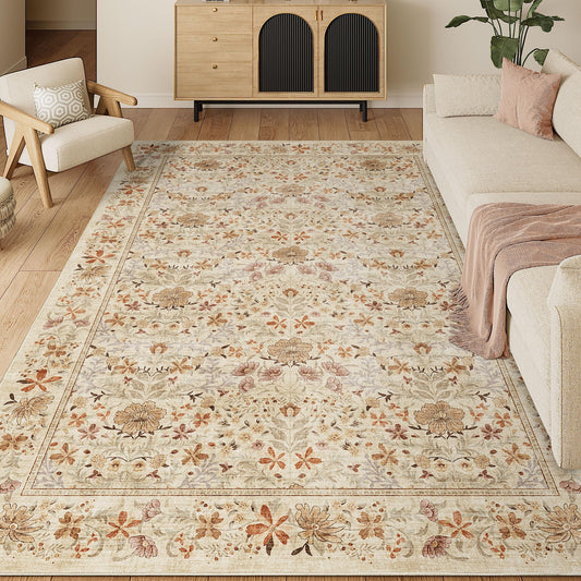 DUKINO 6x9 Rugs for Living Room, Vintage Washable Rug with Non Slip Backing, Floral Low Pile & Non-Shedding Large Area Carpets for Bedroom, Dining Room, Farmhouse, Home Office, Beige