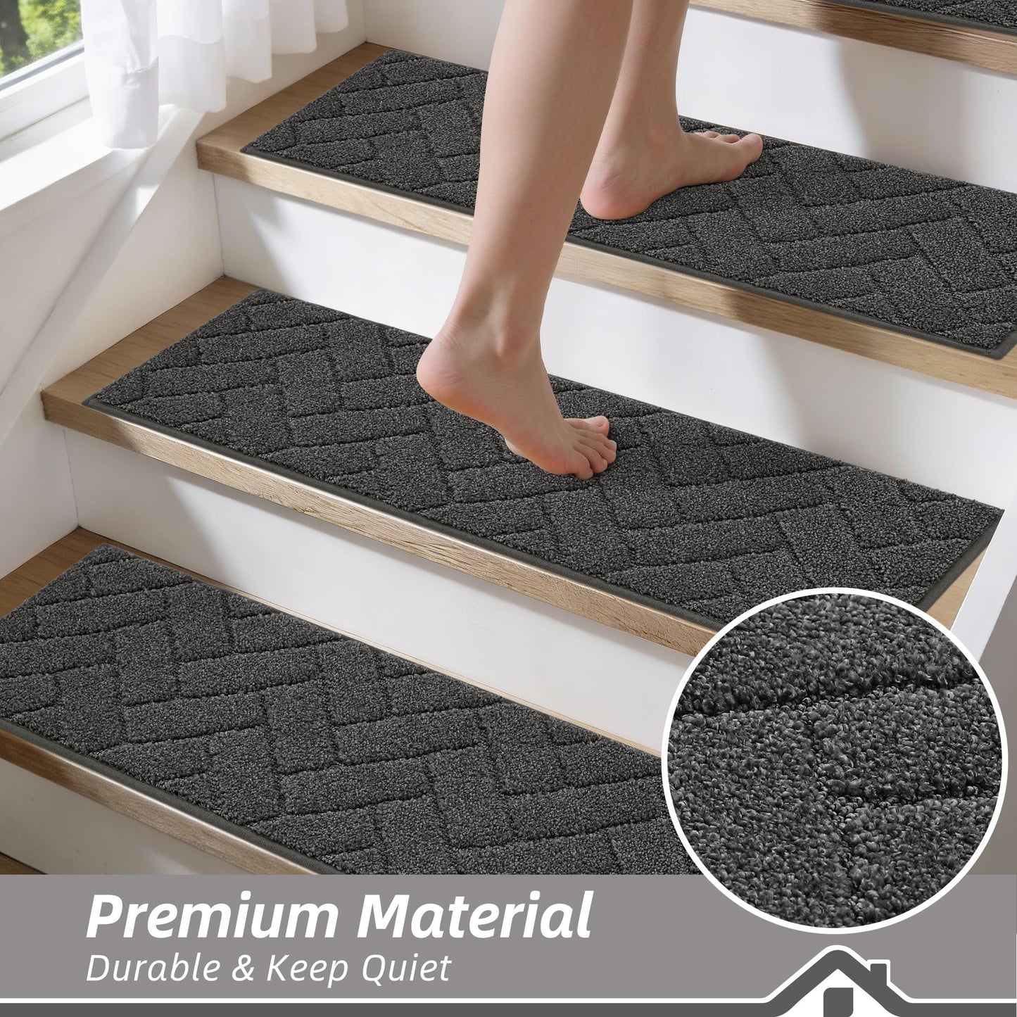 BEQHAUSE Edging Stair Treads for Wooden Steps 9" x 28", Non Slip Carpet Stair Treads Indoor Stair Runners, Soft Stair Rugs, Machine Washable, 100% Polyester, TPE Backing, 15pcs, Charcoal