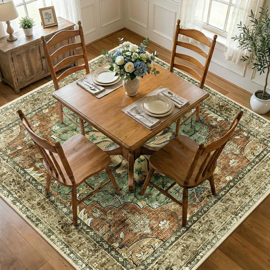 RELEANY Area Rugs Square 8ft Washable Non-Slip, Floral Vintage Distress Medallion Carpet for Living Room Bedroom Dining Room, Terracotta Burnt Orange Green