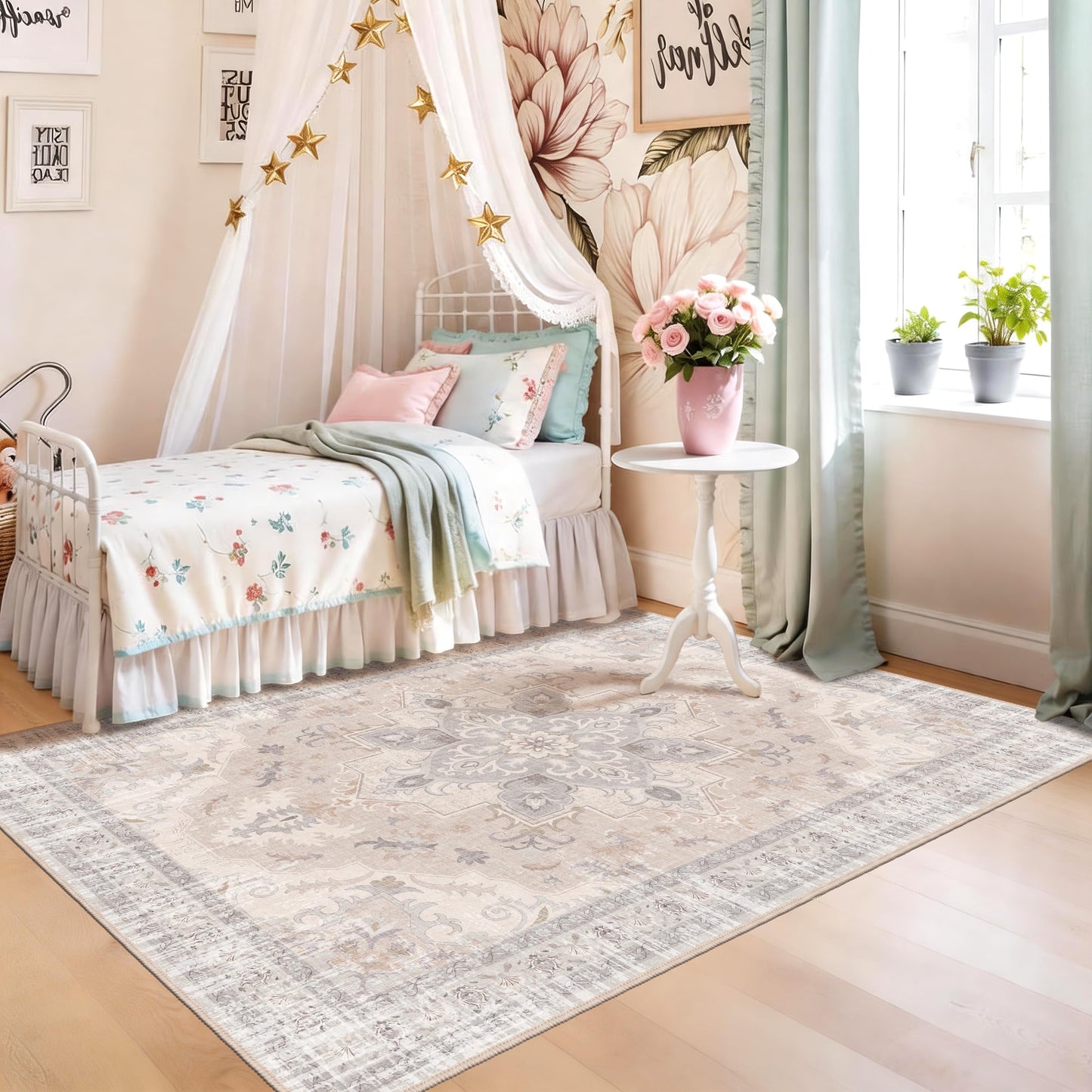 TTelephant 4x6 Bedroom Rug, Soft Non-Slip Vintage Medallion Rug, Low-Pile Printed Indoor 4x6 Washable Area Rugs for Living Room, Bedroom Bedside -Light Blush/Cream
