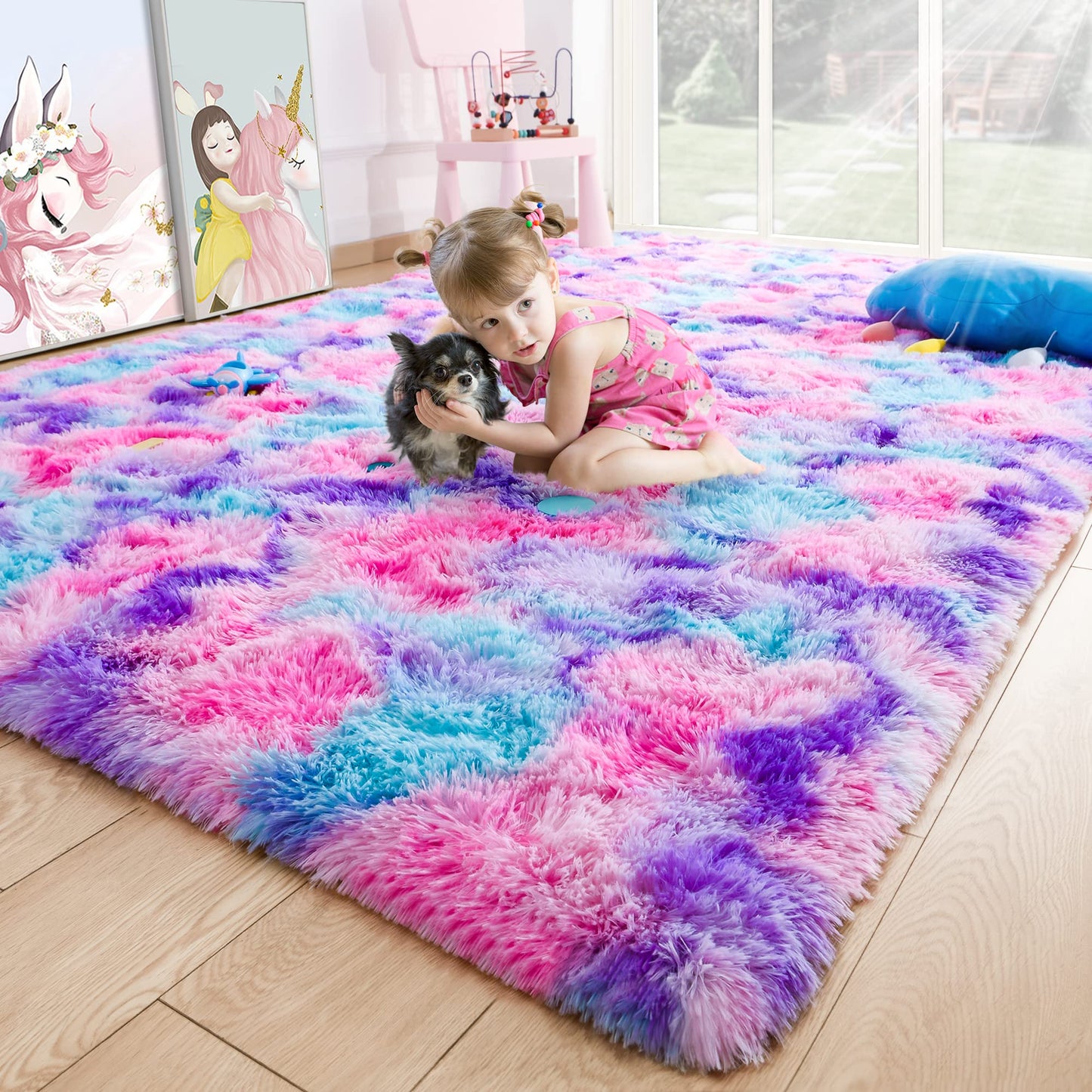 5x7 Large Tie-Dyed Pink Purple Blue Area Rug for Kids Living Room Bedroom, Fluffy Shag Soft Plush Furry Carpet, Non-Slip Indoor Floor Mat for Dining Room Home Decor