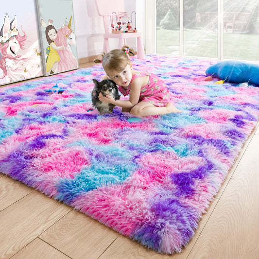 3x5 Tie-Dyed Pink Purple Blue Area Rug for Kids Entryway Kitchen, Fluffy Shag Soft Plush Furry Carpet, Non-Slip Indoor Floor Mat for Bathroom Living Room Bedroom Home Decor