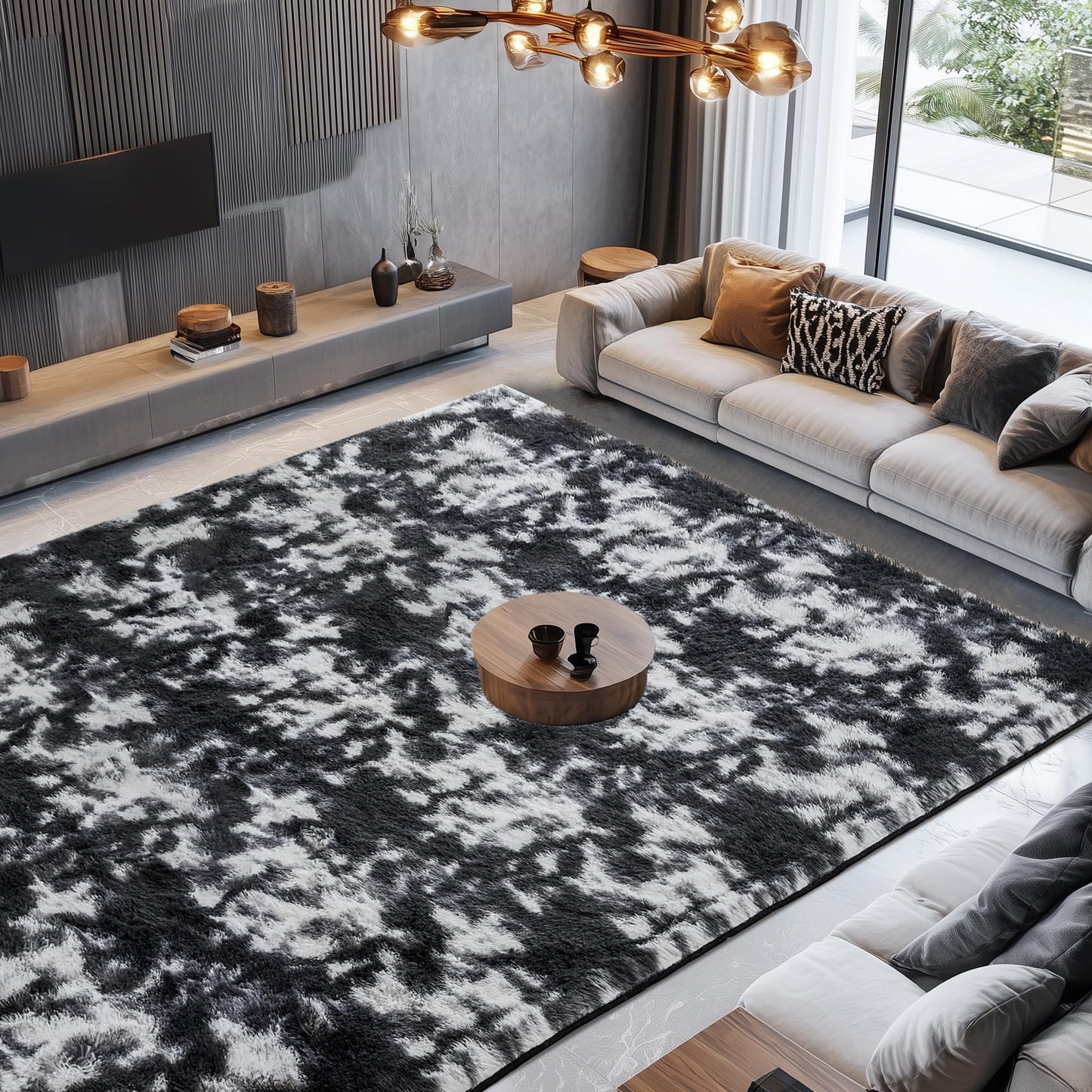 Litanika 6x9 Fluffy Shag Faux Fur Area Rug for Living Room Bedroom, Tie-Dyed Black White High Pile Soft Plush Shaggy Furry Bedside Playroom Dorm Carpet, Non-Slip, Non-Shedding Modern Indoor Floor Rug