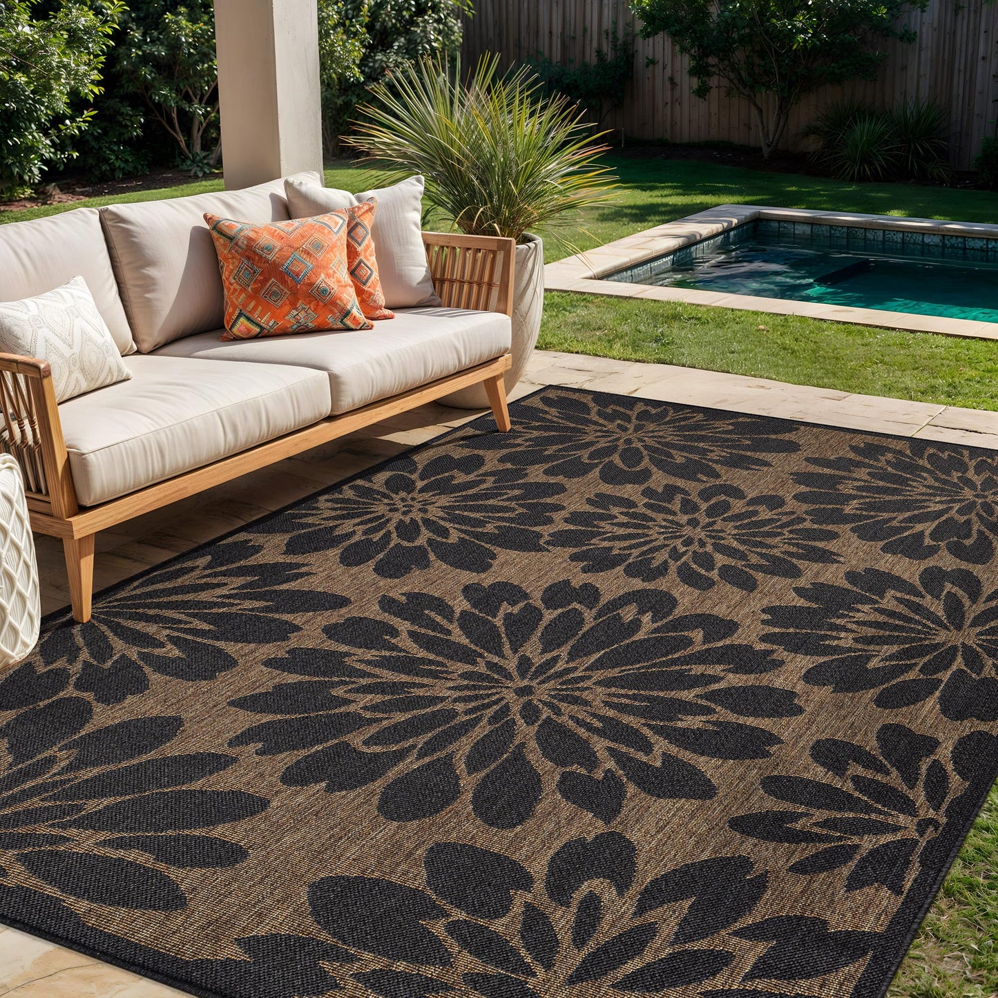 Rugshop Floral Indoor Outdoor Flat Woven Area Rug,Natural Jute-Style,Easy-Care Patio Rug for Backyard Porch Deck Balcony, 6'6" x 9' Dark Gray/Natural
