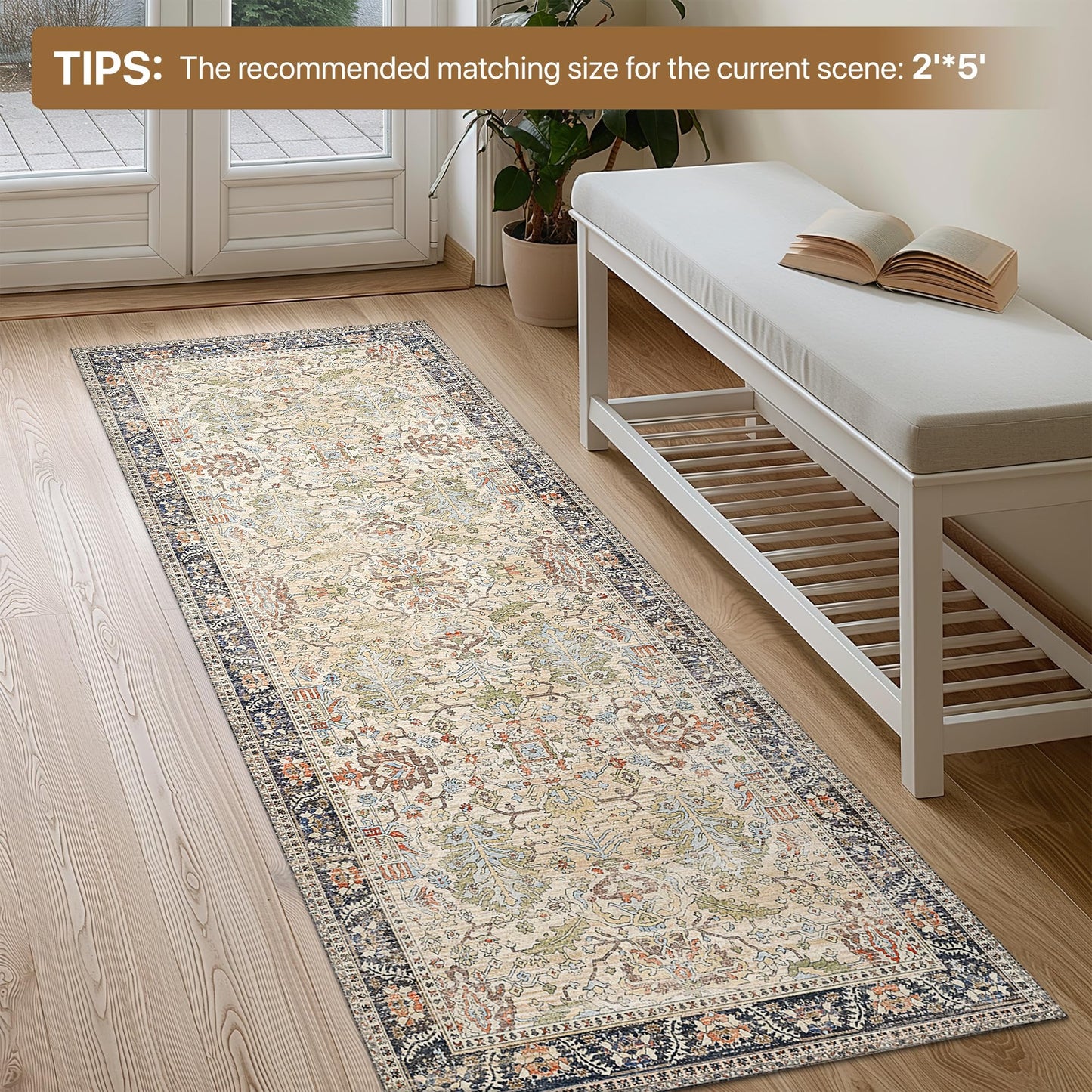 Bavni Area Rug 3x5, Non-Slip Washable Rugs for Living Room Office, Boho Distressed Printed Rug, Low Pile Foldable Decorative Carpet for Bedroom Kitchen Office, Ivory/Teal