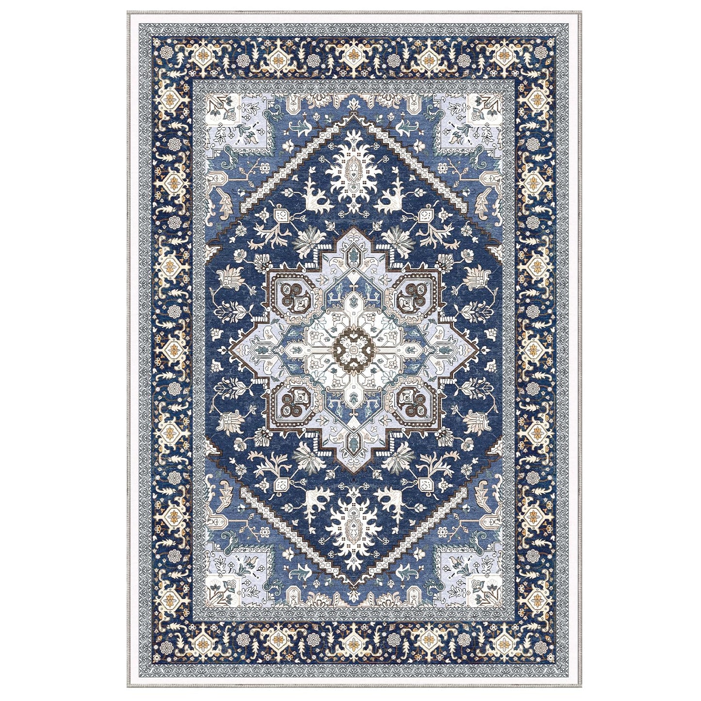 OPPODREAM Soft Area Rugs 5x7, 5x7 Washable Rug with Non Slip Backing, 5 x 7 Faux Cashmere Low-Pile Carpet, Navy Blue & Gold