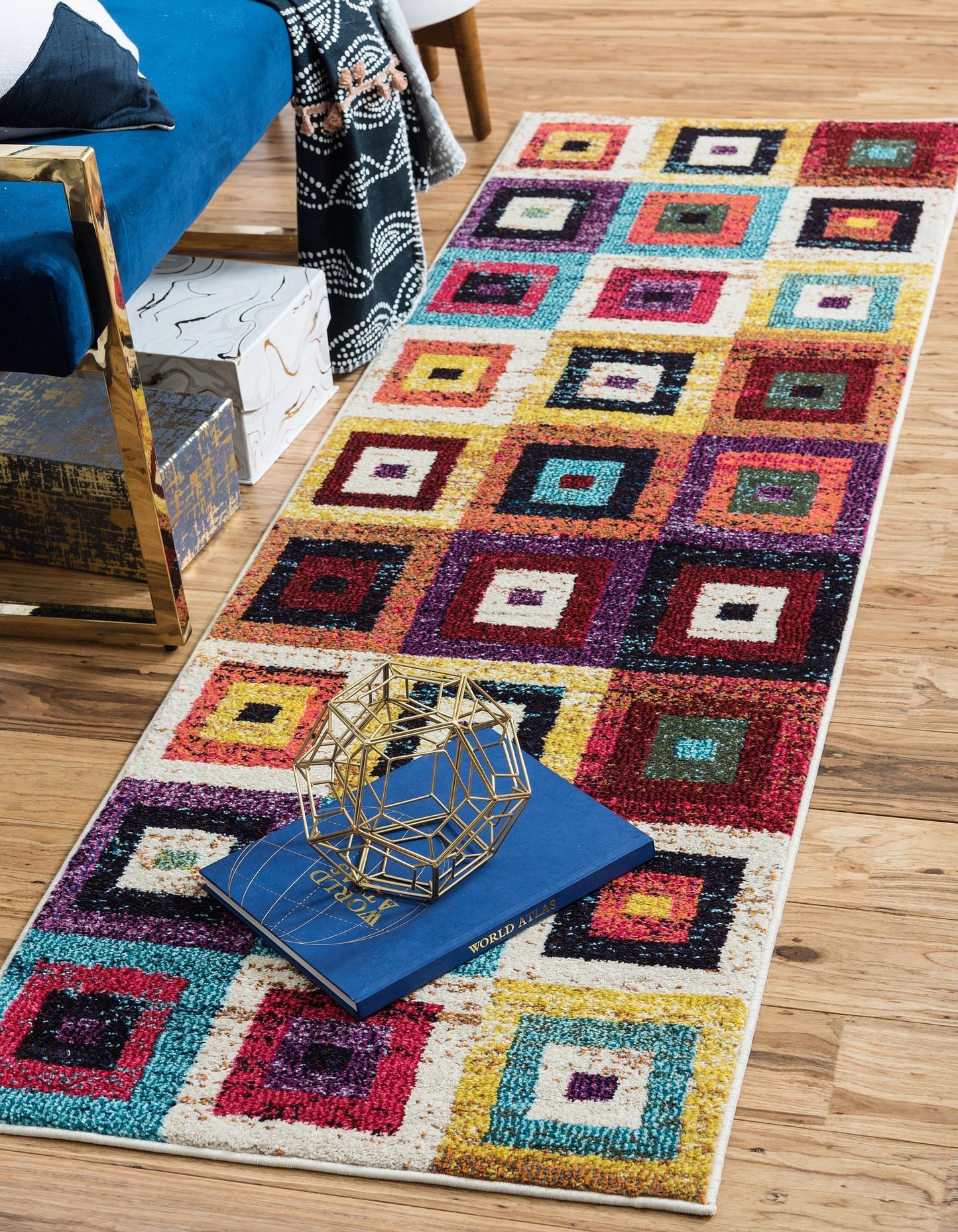 Unique Loom Estrella Collection Colorful, Geometric, Squares Modern, Abstract Area Rug (2' 2 x 6' 7 Runner, Multi/Beige)