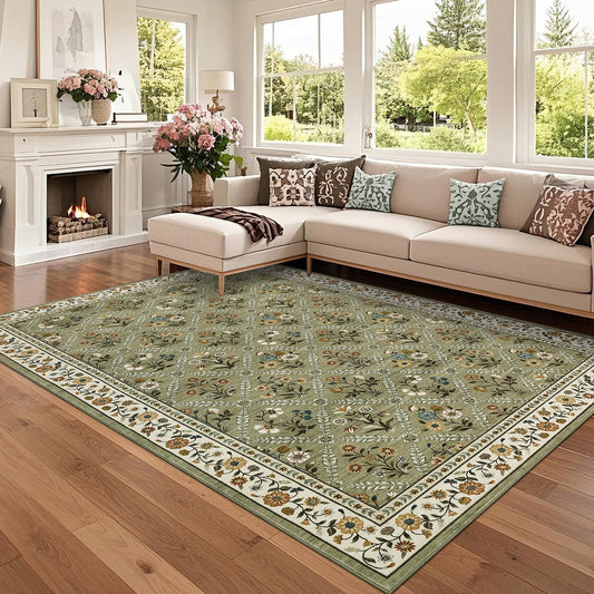 GarveeHome Living Room Rug 5x7 Rug Machine Washable Stain Resistant Area Rug Non Slip Floral Vintage Low Pile Rugs for Living Room, Bedroom, Farmhouse, Dining Room, Kids PlayroomGreen