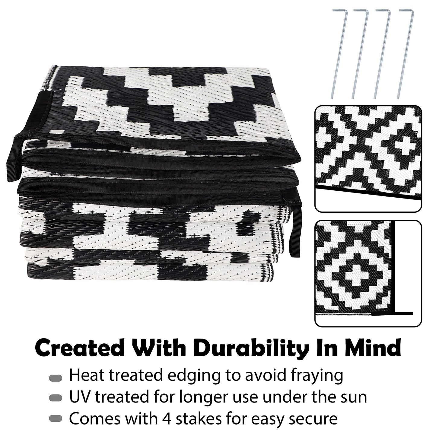 SAND MINE Waterproof Outdoor Rug 6x9 ft, Reversible Mats, Modern Area Rug, Large Floor Mat and Rug for Outdoors, RV, Patio, Backyard, Deck, Picnic, Beach, Trailer, Camping, Black & White Lattice