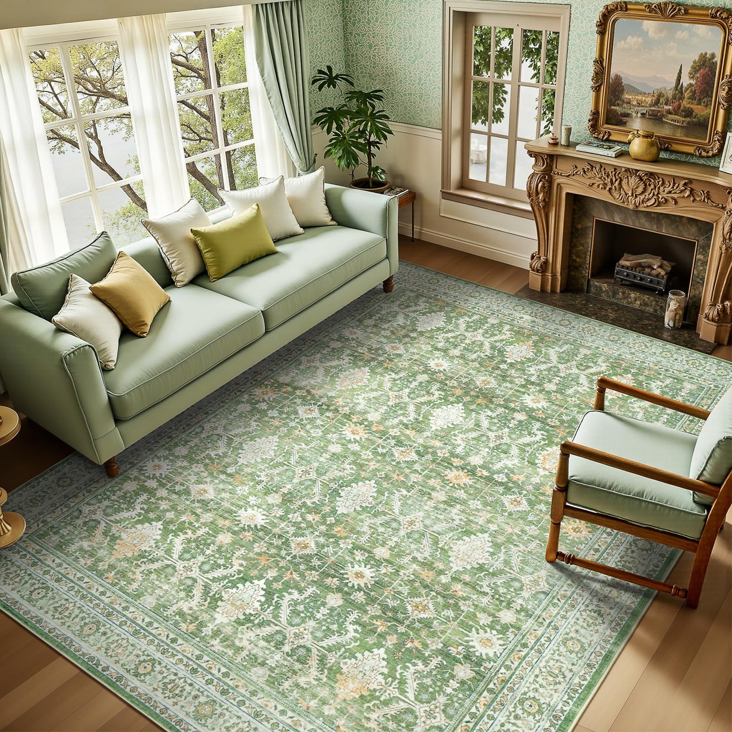 Lofus 5x7 Area Rug for Living Room, Light Green Washable Area Rugs with Non-Slip Backing,Soft Boho Carpets for Bedroom Dining Room Home Office Indoor Nursery