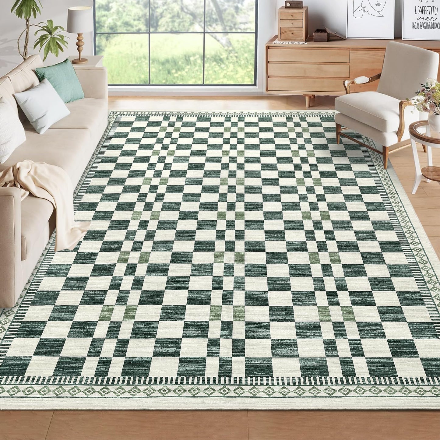 GarveeHome 5x7 Washable Rug for Living Room Contemporary Sage Green Geometric Floor Carpets Low Pile Non-Slip Nursery Room Carpet High Traffic Modern Abstract Checkered Area Rug for Bedroom
