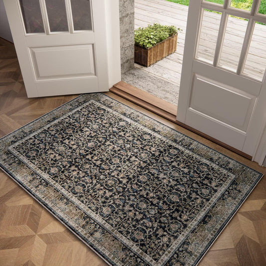 Hedwior Washable 3x5 Entryway Rug, Boho Non-Slip Vintage Distress Small Rugs for Kitchen Nursery Office Bedroom, 0.3" Neutral Oriental Throw Thin Carpet with Cushioning Pad, Black/Blue/Multi,A1