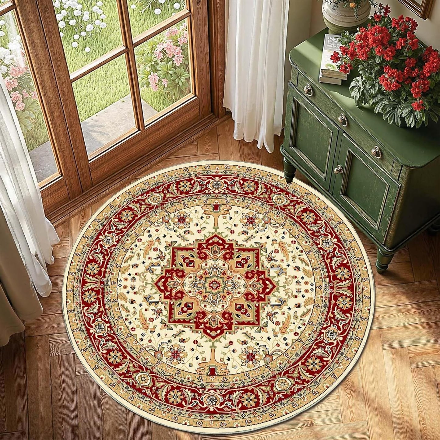 OWUFFY Round Rug 2' Washable Circle Rug Non Slip Low Pile Boho Floral Circular Rug for Bedroom, Bathroom, Entryway, Room, Office, College Dorm