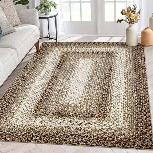 ROYHOME Living Room Area Rug 5x7 Modern Braided Print Area Rug Geometric Border Dining Room Throw Carpet Washable Carpet Rustic Large Boho Mat for Bedroom Nursery, Taupe
