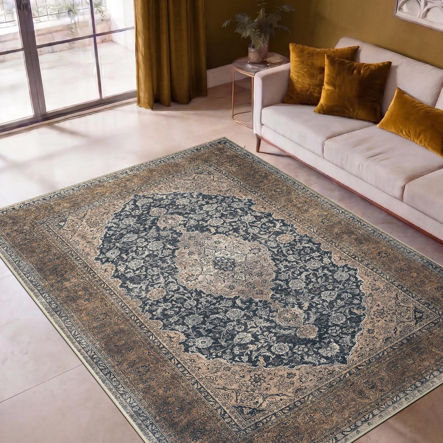 Keen Home Design 5x7 Rug - Machine Washable Area Rug with Non-Slip Backing, Ideal for Living Room, Dining Room, Bedroom - Vintage, Easy Clean, Durable, Low Pile Rug - (5' x 7')