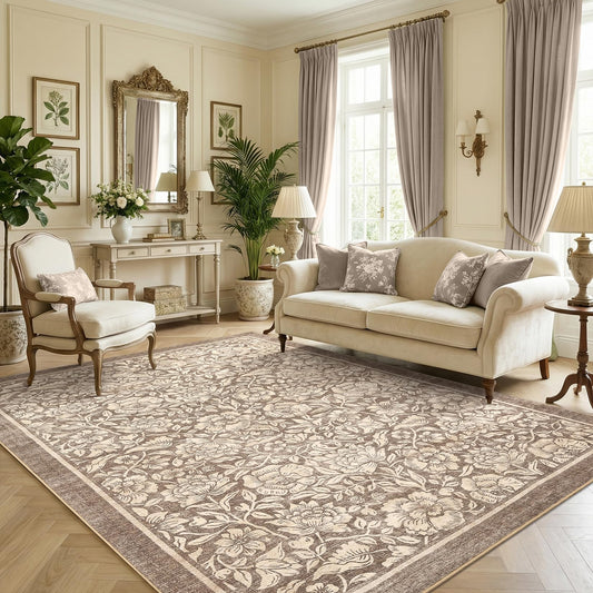 Garvee Floral 4x6 Rug Brown Washable Boho Rugs for Bedroom Non-Slip Vintage Flower Soft Low Pile Nursery Rugs for Living Room Kids Room Girls Room playroom Dining Room Dorm