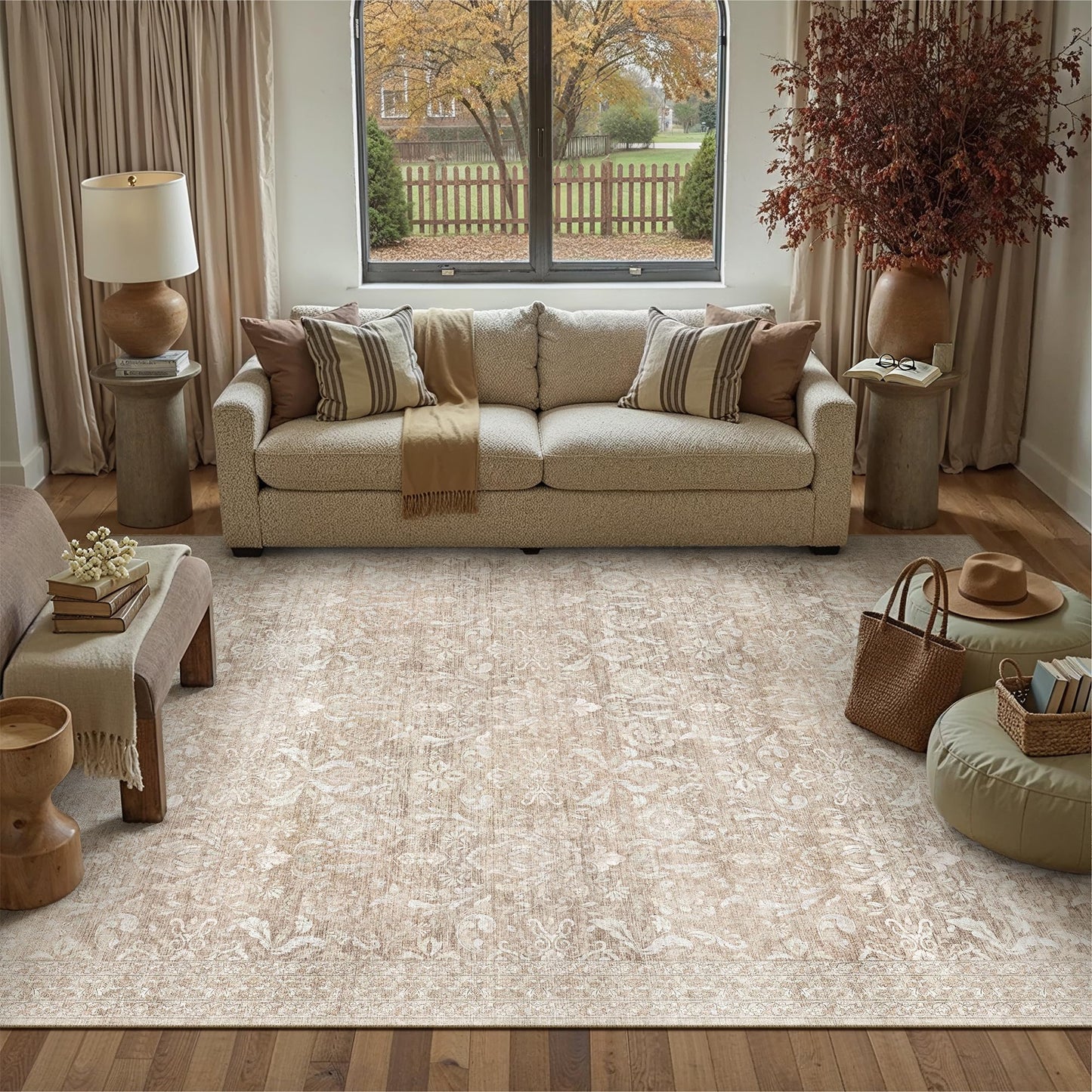 PureCozy 6x9 Area Rug Washable Beige Vintage Living Room Bedroom Carpet Indoor Large Non Slip Soft Low Pile Thin Retro Accent Home Office Dining Room Rug