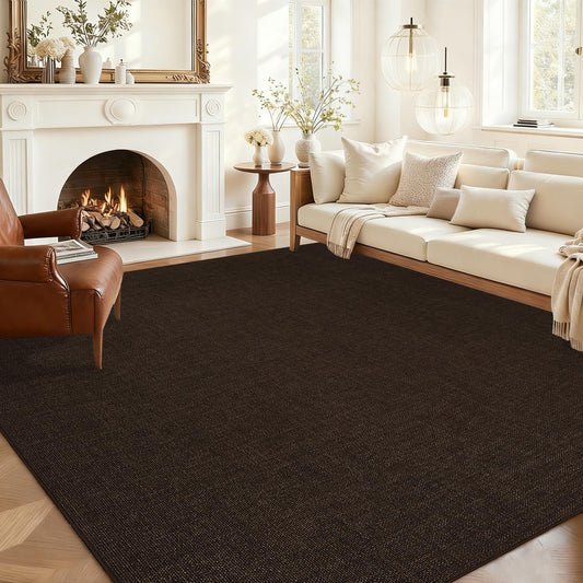 LUXLOOM 8x10 Washable Living Room Rug Modern Solid Neutral Area Rug, Minimalist Non Slip Stain Resistant Rugs for Living Room Bedroom Nursery Office, Large Woven Texture Indoor Carpet, Brown