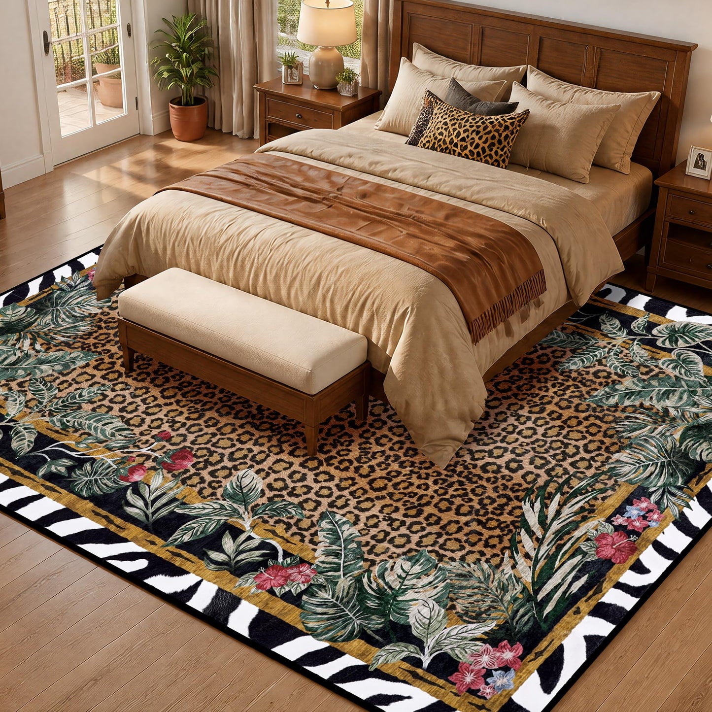 SAIFILI Leopard Area Rugs for Living Room 5×7, Washable Cheetah Rug with Zebra-Striped Border, Non-Slip Low Pile Animal Print Carpet for Bedroom, Dining Room, Playroom, Home Decor