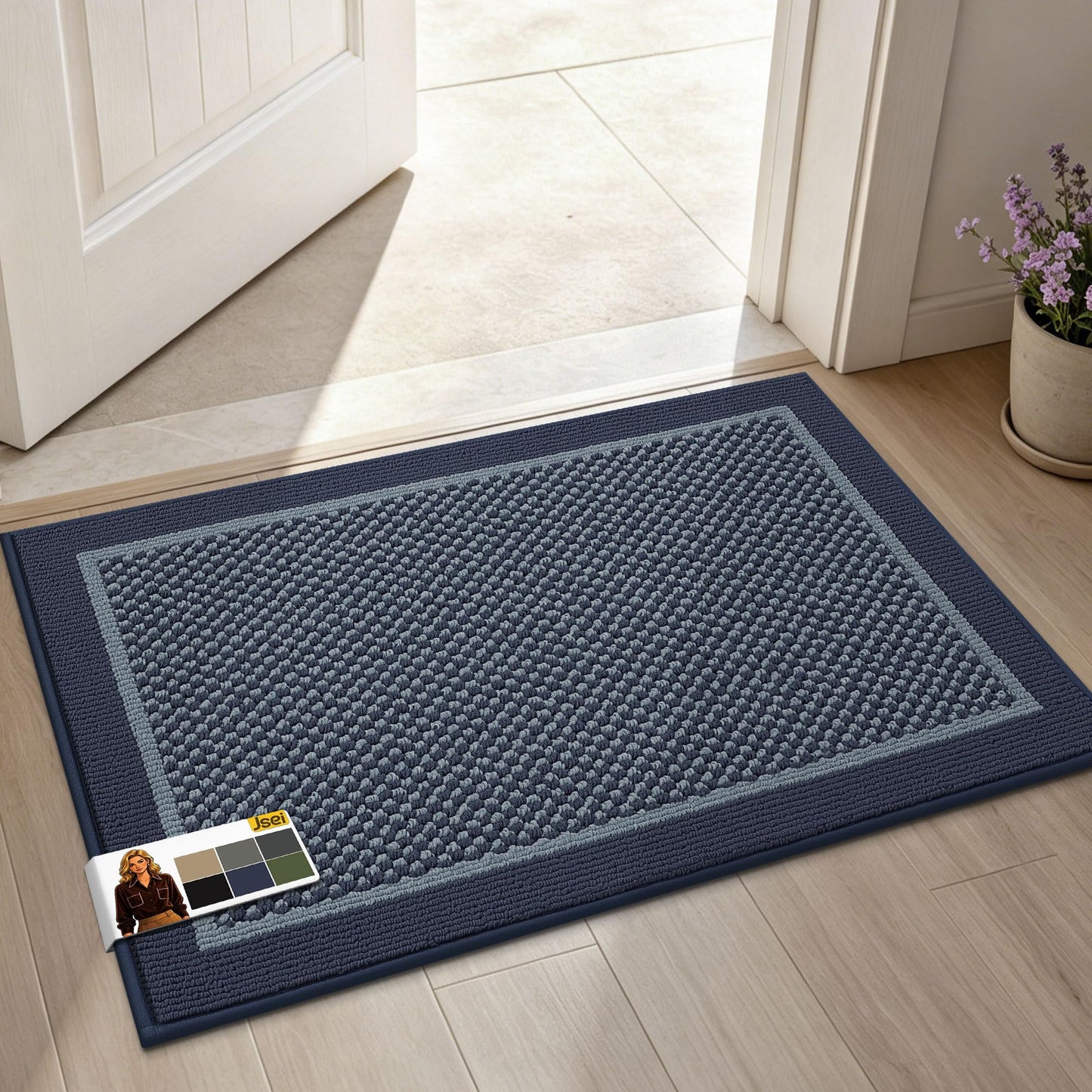 JSEI Dirt Trapper Door Mat 20"x32", Non-Slip Washable Doormats Entryway Rugs, Resist Dirt Absorbent Welcome Mat, Low Profile Floor Mats for Front Back Door and Entrance, Blue