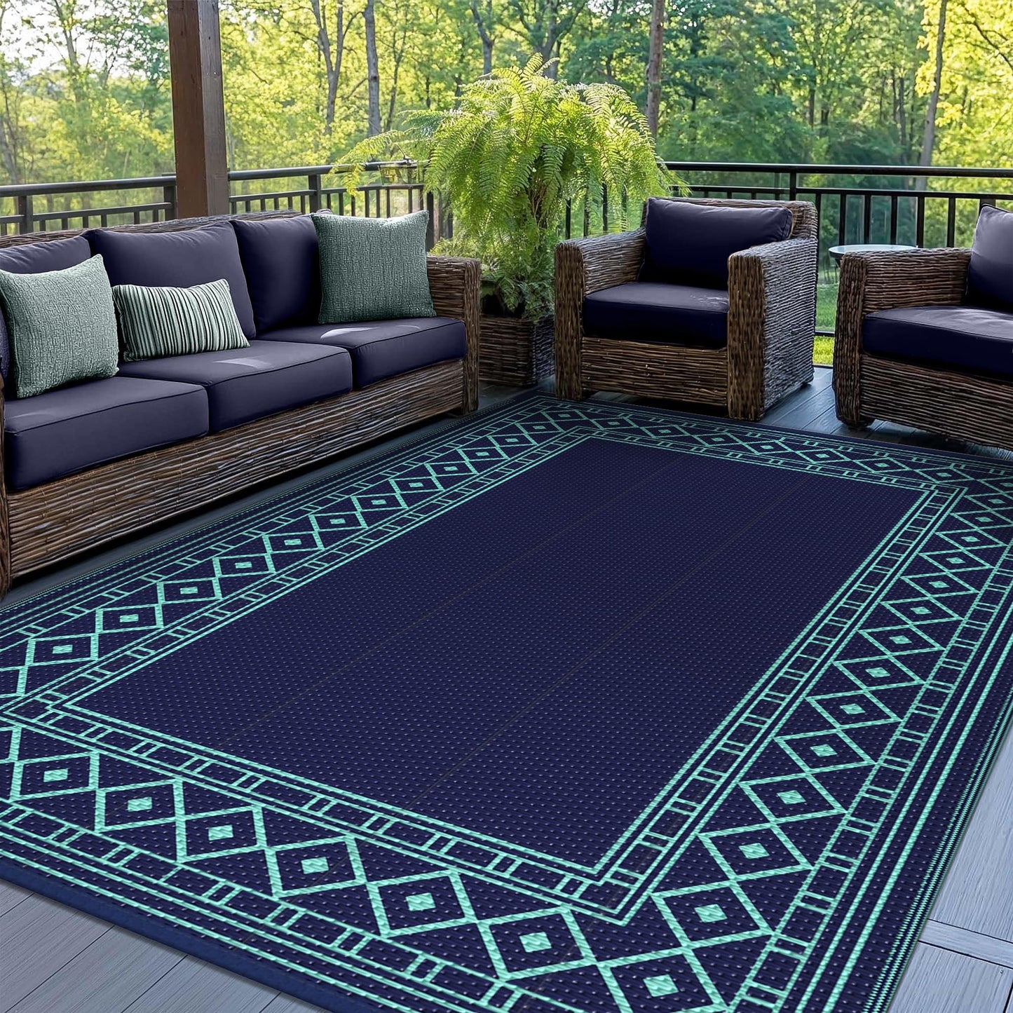 GENIMO Outdoor Rug Waterproof 5'x8' for Patio, Foldable Reversible Plastic Straw Carpet for Travel Trailers, Outside Area Mat for Rv, Deck, Picnic, Porch, Balcony, Beach, Navy Blue & Jade Green