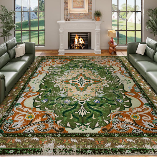 RUSHUFFY 6x9 Washable Area Rugs for Living Room, Non-Slip Boho Vintage Traditional Medallion Print Pattern Carpet for Bedroom Dining Room Farmhouse Nursery Room, Dark Green