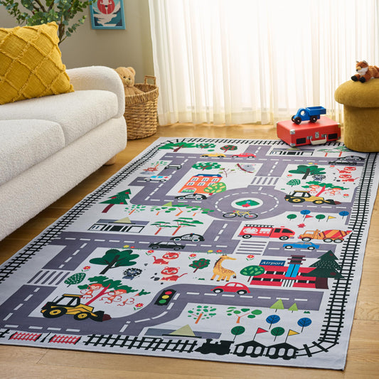 SAFAVIEH Washable Rug Tacoma Kids Collection - 5' x 8', Ivory & Grey, Slip Resistant & Easy to Clean, Educational Playmat Road, Ideal for Boys & Girls in Playroom, Nursery, Bedroom (TCK167A)
