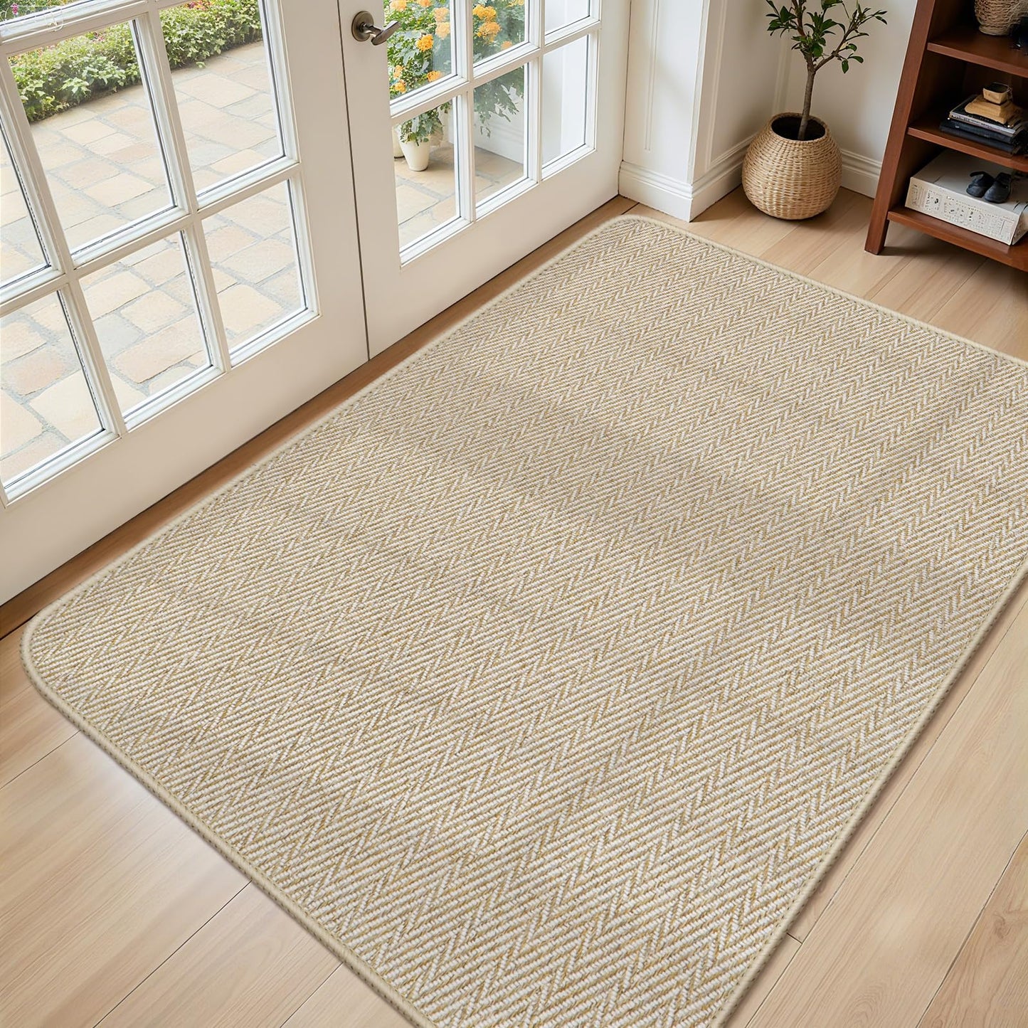 BEISIFLOOR Ultra Thin Door Mat Indoor Entrance 36"x59", Low-Profile Indoor Door Mat, Large Non Slip Entry Mat Rubber Backing Unique Herringbone Design Inside Doormat Dirt Trapper Entryway Mats, Beige