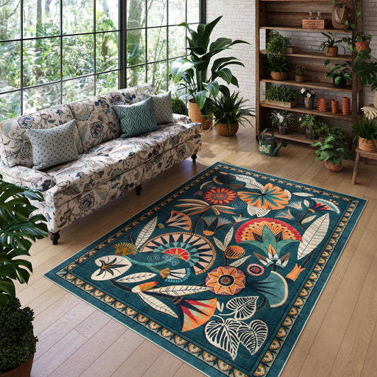 Zealude Boho Egypt Green Area Rugs for Living Room Bedroom, 5x7 Washable Large Dining Room Rug Non Slip, Floral Vintage Farmhouse Throw Carpet for Office Hardwood Floor Playroom (Dark Green,5 x 7)