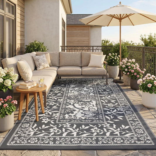 Garvee Outdoor Rug 6x9, Waterproof Reversible Foldable Plastic Straw Rug, Botanical cottagecore Outdoor Rugs Patio Camping RV Carpet for Deck Camper Porch Balcony Backyard Picnic Beach Grey