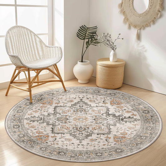 GENIMO 5FT Round Area Rugs for Living Room, Circle Rugs Machine Washable Low Pile, Non Slip Vintage Rug for Bedroom, Dining Room, Home Office, Light Taupe Brown