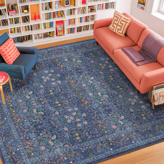 Dark Navy Blue Living Room Rug 5x7 Area Rug - Vintage Floral Forest Washable Mat for Dining Room, Bedroom, Low Pile Non Slip Stain Resistance Distressed Retro Indoor Boho Carpet