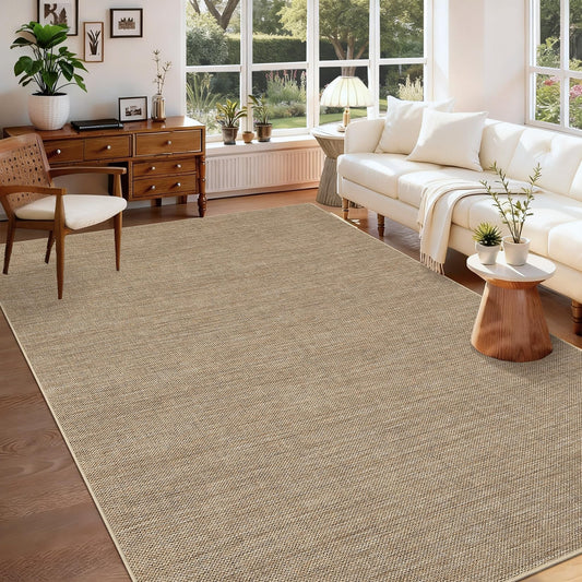 Outdoor Easy Jute Rug 5x7 Washable Non Slip Indoor Outdoor Easy Jute Rug Modern Solid Color Neutral Paito Stain Resistant Throw Carpet for Porch Kitchen Bedroom Living Room Backyard, Tan