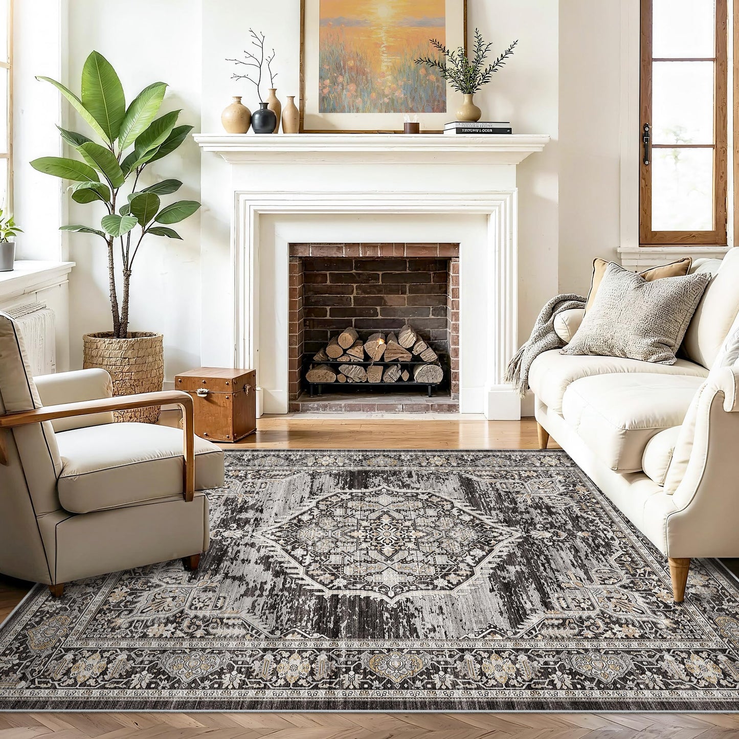 Washable Area Rugs 5x6 Entryway: Soft Ultra Thin Low Pile Mat Machine Washable Indoor Doormat Lightweight Entry Rug Anti Slip Backing Rugs for Living Room Bedroom Kitchen 5'x6' Black