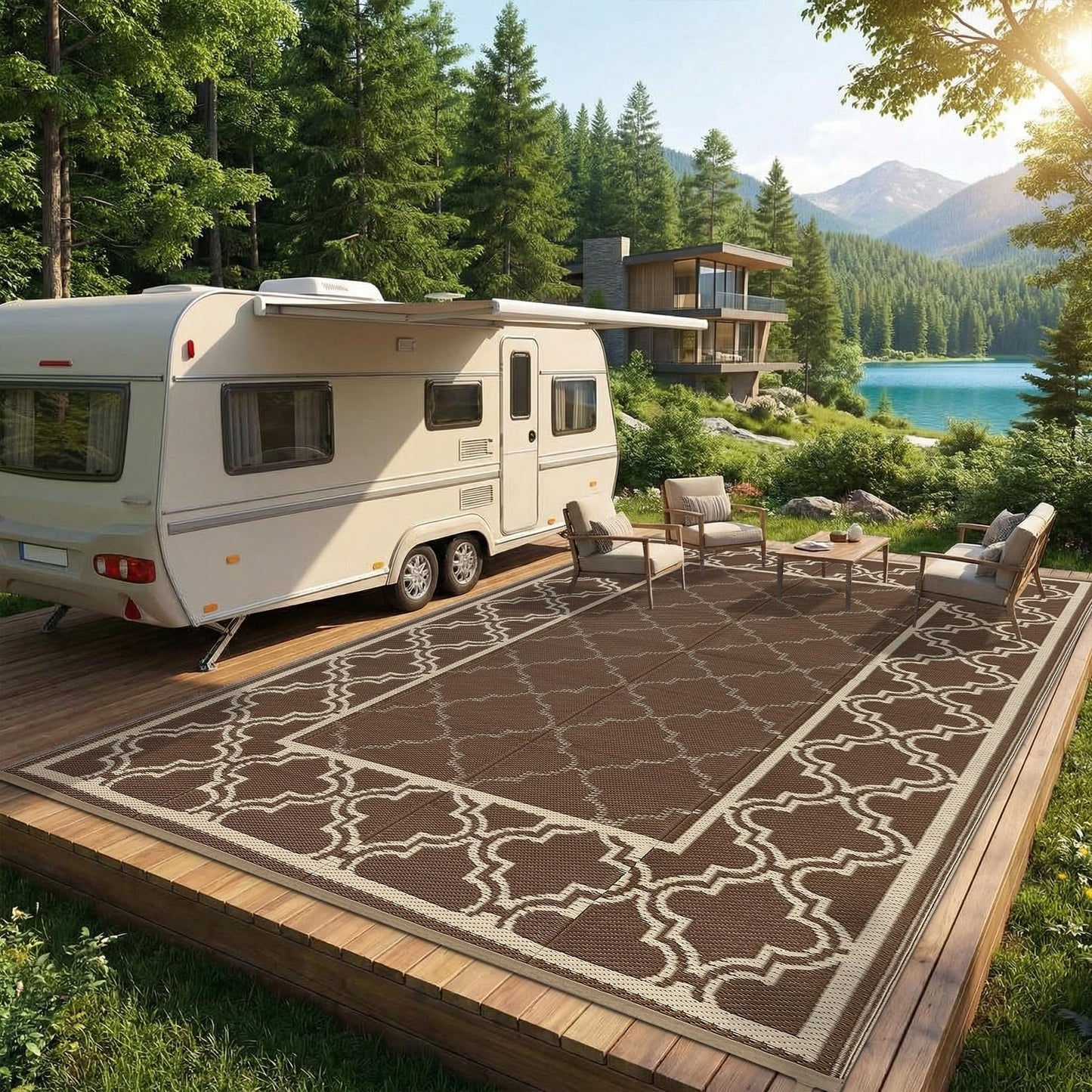 Garvee Reversible Outdoor Rug 9x12, Waterproof Outdoor Plastic Straw Rug with Interlacing Pattern, RV Mat for Picnics, Patio, Camping, Balcony, Deck, Backyard, Porch, Brown