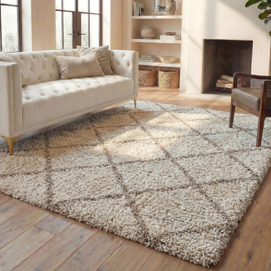 SAFAVIEH Hudson Shag Collection Area Rug - 9' x 12', Multi Ivory & Beige, Modern Trellis Design, Non-Shedding & Easy Care, 2-inch Thick Ideal for High Traffic Areas in Living Room, Bedroom (SGH281H)
