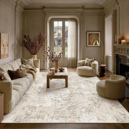 PureCozy 9x12 Washable Area Rug Beige Abstract Non Slip Carpet for Living Room Bedroom Soft Low Pile Neutral Modern Throw Indoor Large Rug Office Dining Room