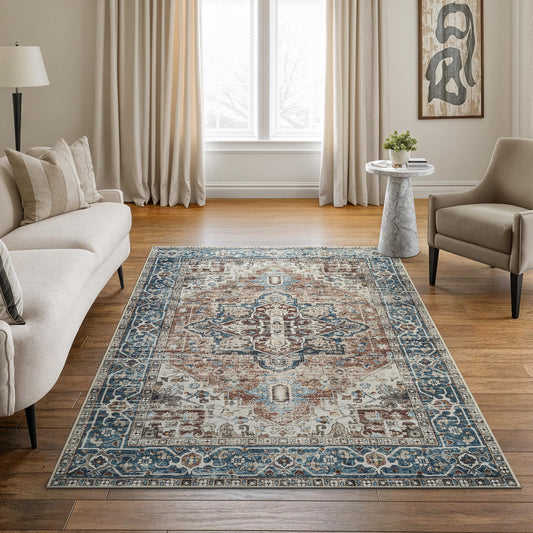Bloom Rugs Caria Washable Non-Slip 4x6 Rug - Terracotta/Blue Traditional Area Rug for Living Room, Bedroom, Dining Room, and Kitchen - Exact Size: 4' x 6'