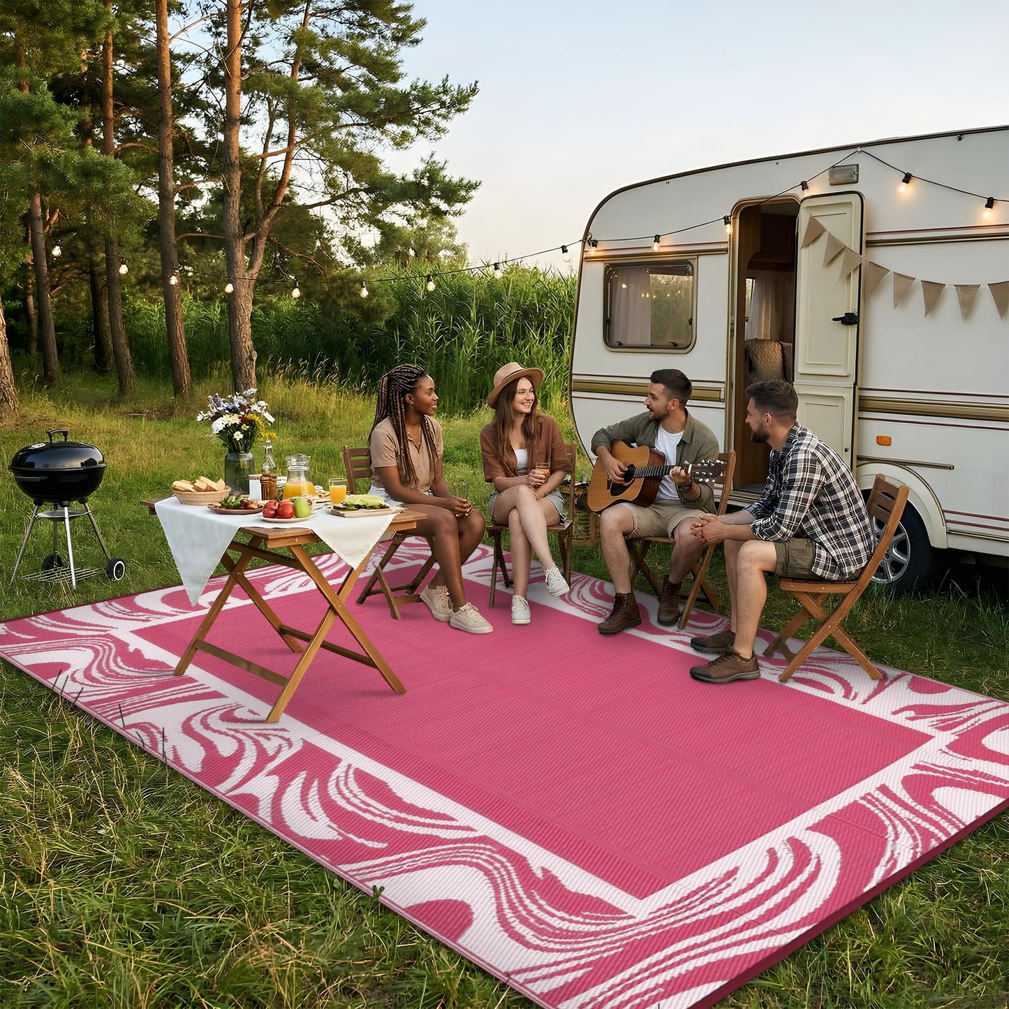Garvee 5x8 Pink Waterproof Outdoor Rug Reversible Quick Dry Weather Resistant Plastic Straw Patio Rug for Deck,Porch,RV,Camping,Balcony,Beach, Foldable Outdoor Carpet Easy to Clean, Pink White