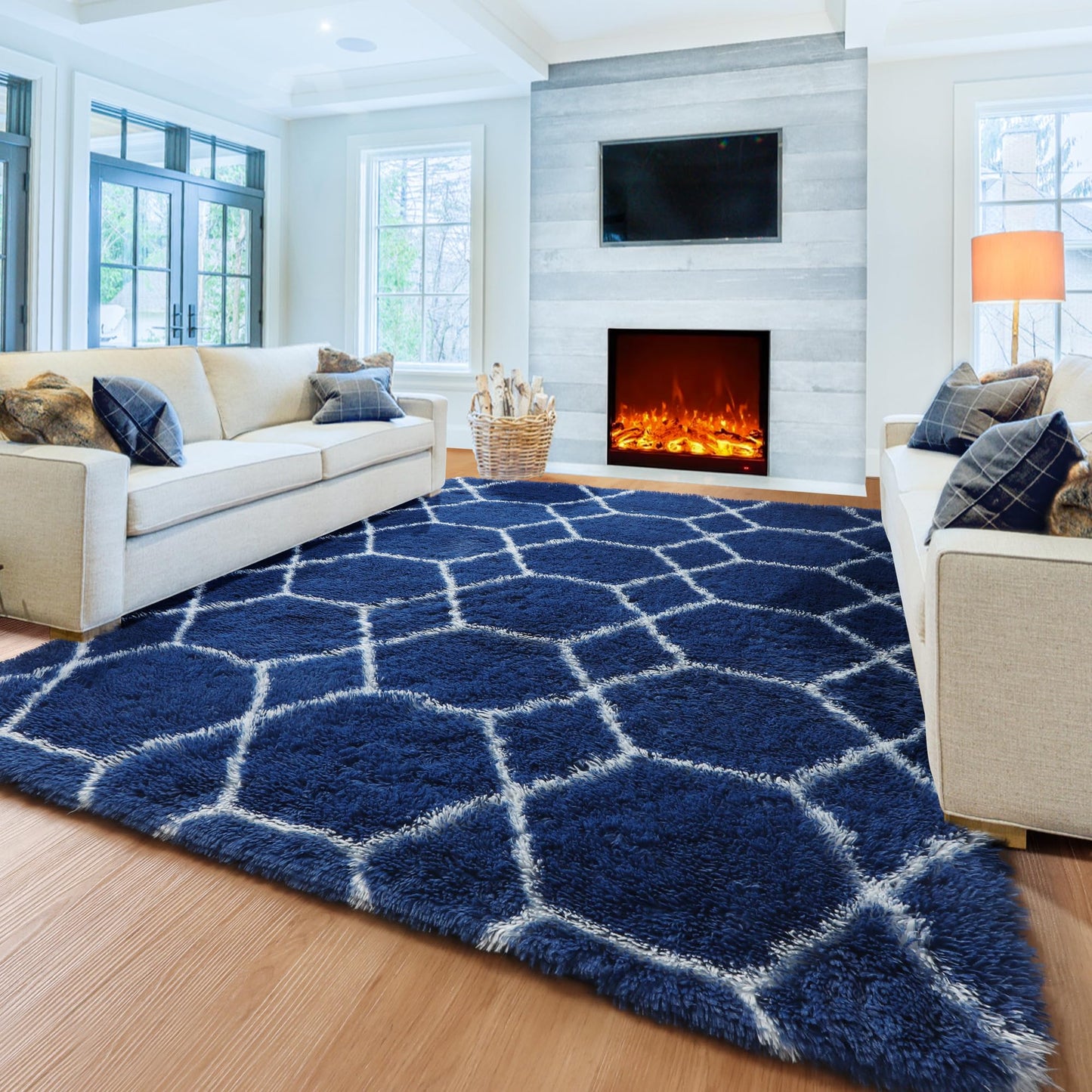 ONASAR Area Rugs for Bedroom Living Room, 4x6 Fluffy Navy Blue and White Throw Rug for Home Decor, Geometric Soft Shaggy Plush Floor Carpet for Kids Girls Boys Teen Nursery Dorm Office