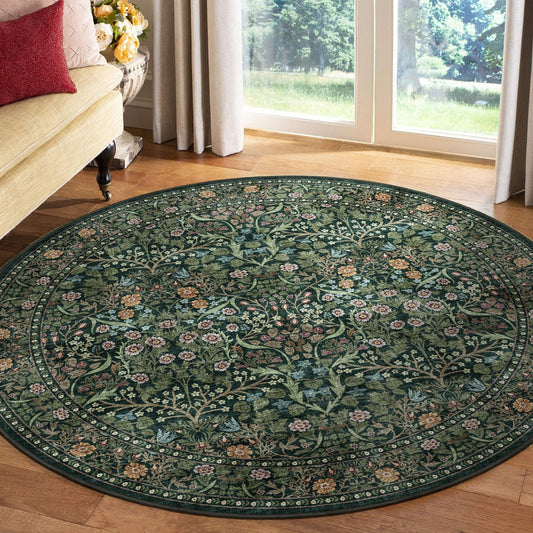 Othilic Green Round Rugs 6ft - Soft Washable Boho Floral Bedroom Circle Rug Stain Resistant Botanical Dining Room Rugs for Under Table Vintage Round Area Rug for Living Room Office Kid Room