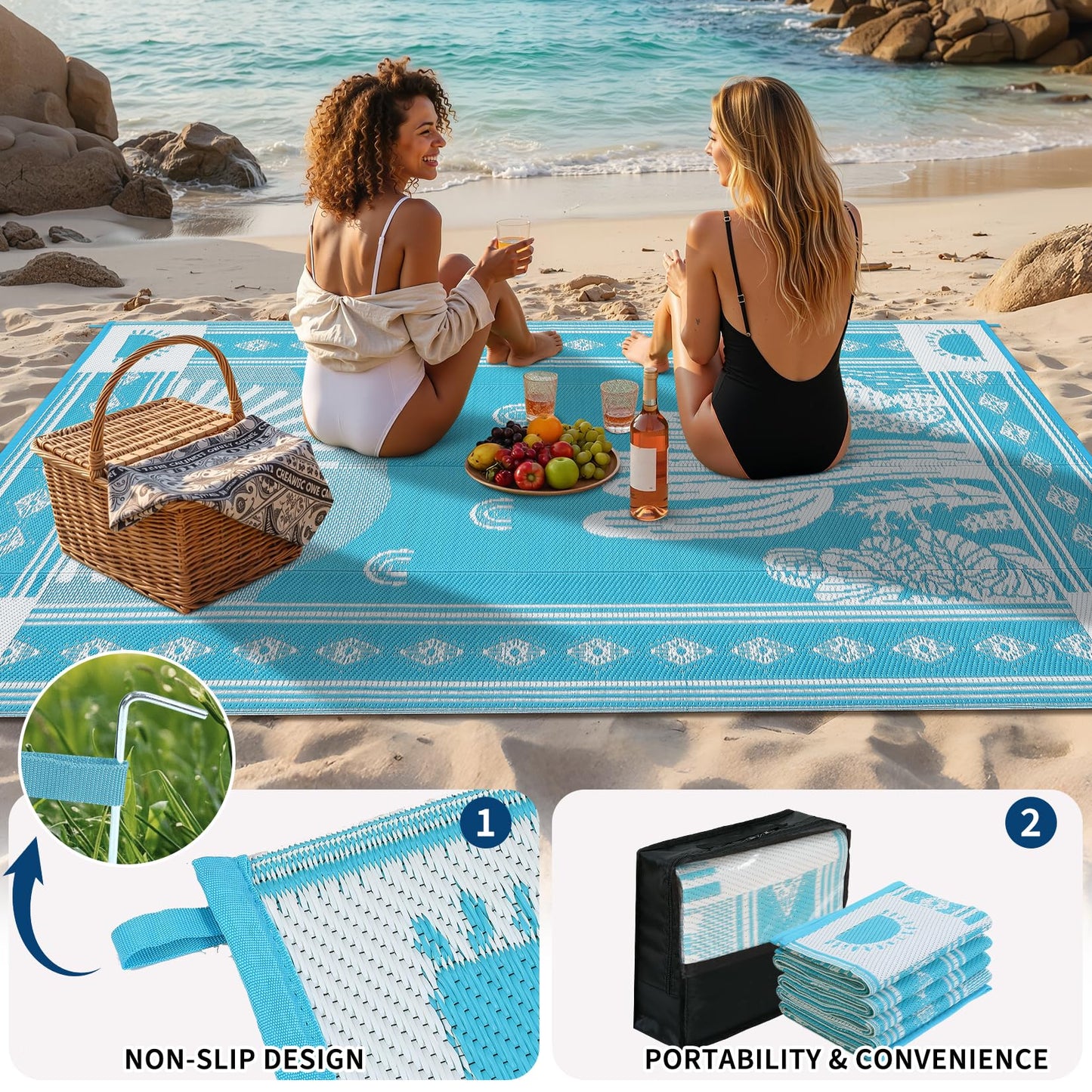 Garvee Waterproof Outdoor Rug 5x8, Cactus Botanical Outdoor Plastic Straw Rug for Camping, Reversible RV Mat Outside, Indoor Outdoor Carpet for Porch, Deck, Backyard, Balcony, Teal Blue