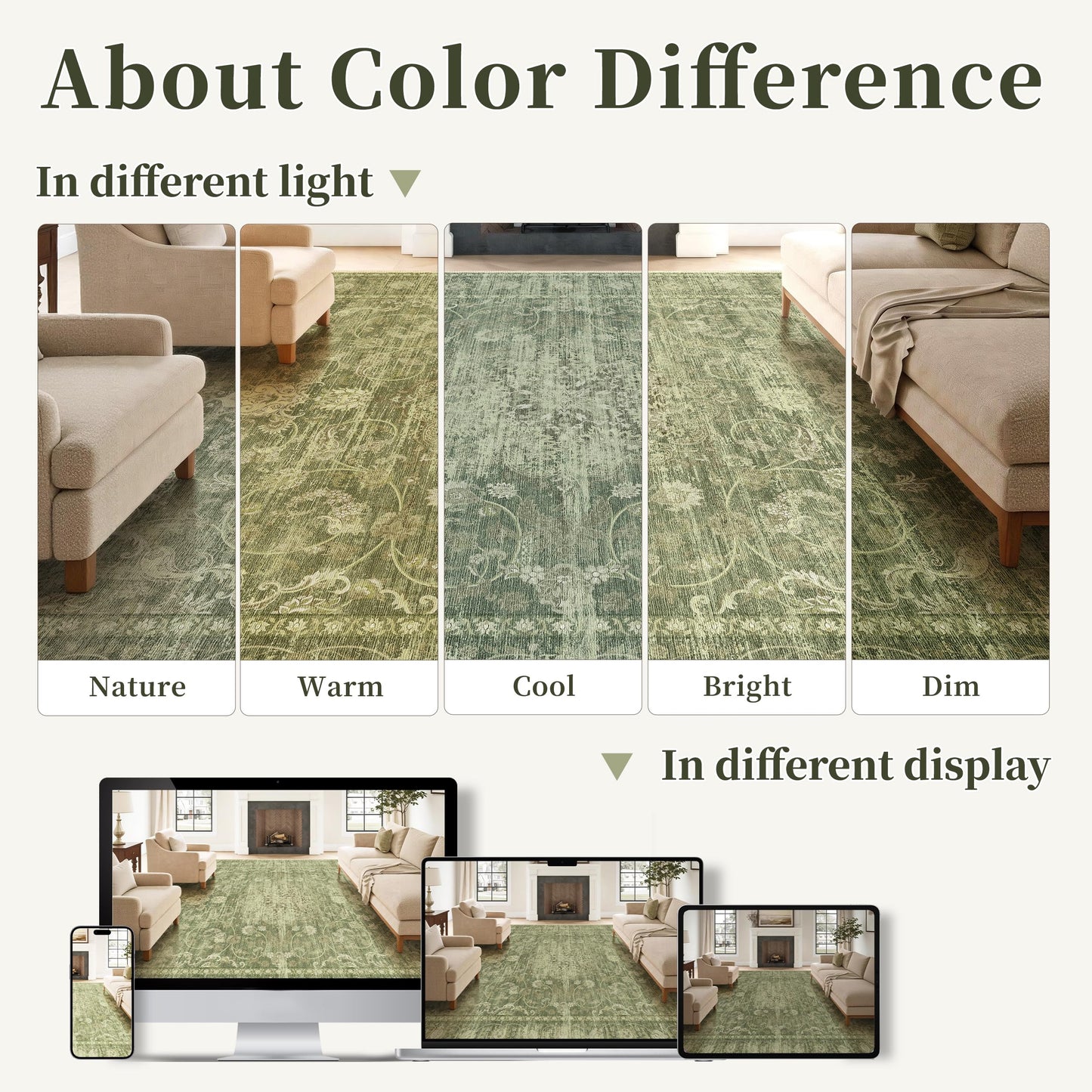 TTelephant Washable Rugs 5x7, Vintage Medallion Carpet for Bedroom, Living Room and Dining Room, Low Pile Sage Green Rug with Non-Slip Silicone Backing, Non-Shedding Stain Resistant