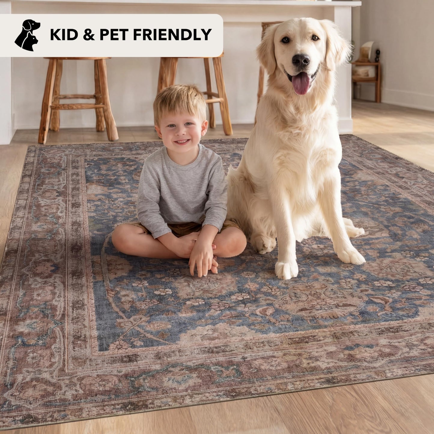 Kuden 9x12 Large Area Rug, Machine Washable Area Rug with Non-Slip Backing, Vintage Style, Soft, Easy Clean, Low Pile Rug for Living Room, Bedroom, Dining Room
