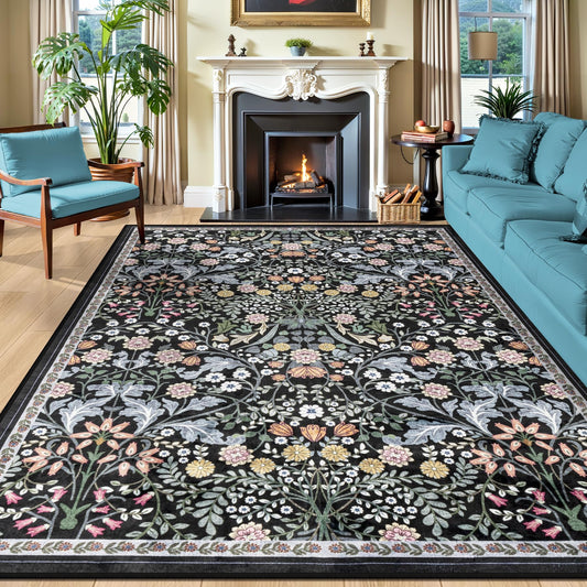 8x10 Area Rugs for Living Room: Floral Washable Rug Vintage Large Soft Boho Non-Slip Carpet Indoor Stain Resistant Low Pile Carpets for Bedroom Dining Room Farmhouse Nursery Home Office Dark Black